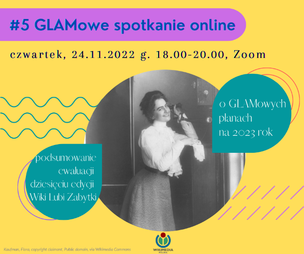 Ein Plakat mit einem selbstbewussten Model in einem stylischen Outfit mit der Aufschrift "5 glamowe spotkanie online" in fetter Schrift.