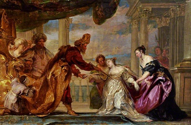 Ein Gemälde mit dem Titel "Die Hochzeit des verlorenen Sohns" von Jean-Honore Fragonard, das einen Mann und eine Frau zeigt, die sich in einem Raum mit Säulen, einem Geländer und einem bewölkten Himmel die Hand reichen.