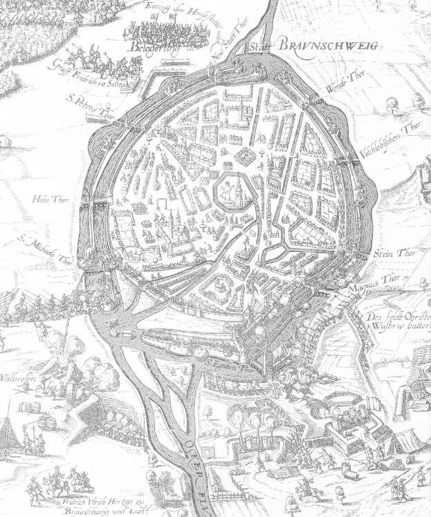 Eine detaillierte Schwarz-Weiß-Karte von Braunschweig, Deutschland, die Straßen, Gebäude und andere Stadtmerkmale mit Textbeschriftungen zeigt.