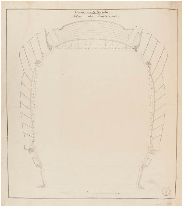 Ein detailliertes Bild eines alten Theaters mit einem Auditorium und Sitzreihen, das sorgfältig geschriebene Kursivschrift auf altem Papier zeigt.