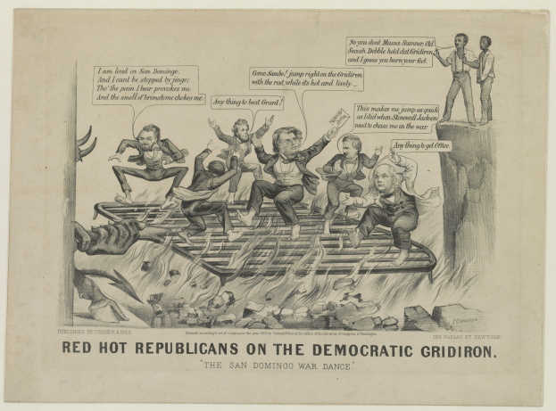 Eine politische Karikatur zeigt rote Figuren, die als 'Republikaner' auf einem blauen Gridiron, das als 'Demokraten' bezeichnet wird, mit übertriebenen verzweifelten Gesichtsausdrücken und erhobenen Armen, begleitet von fettgedrucktem schwarzem Text.
