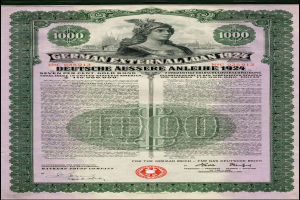 Deutsches Auslandsanleihe-Zertifikat aus dem Jahr 1924 mit Abbildung einer Frau und gedruckten Text- und numerischen Nennbeträgen.