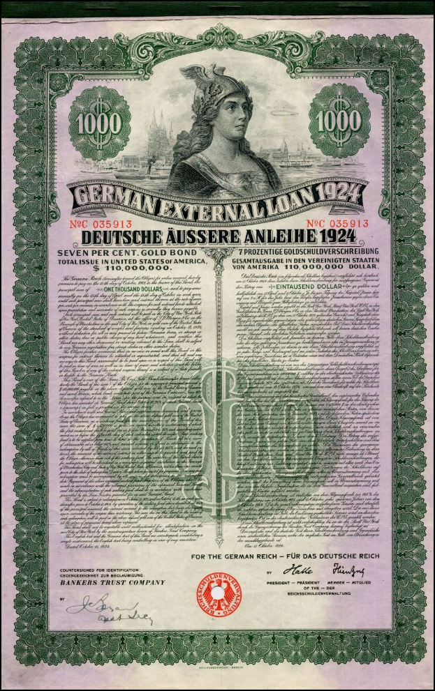 Deutsches Auslandsanleihe-Zertifikat aus dem Jahr 1924 mit Abbildung einer Frau und gedruckten Text- und numerischen Nennbeträgen.