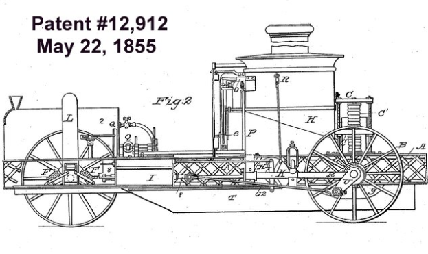 Ein detailliertes Bild einer Dampfmaschine auf einem wei├čem Hintergrund mit dem Text "Patent 12,912 Mai 22, 1855" darunter.