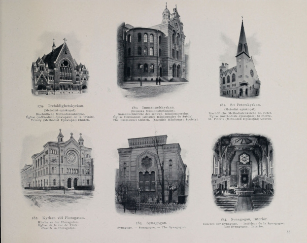 Schwarz-weißes Foto von sechs verschiedenen Gebäuden mit unterschiedlichen Architekturstilen, begleitet von beschreibendem Text.