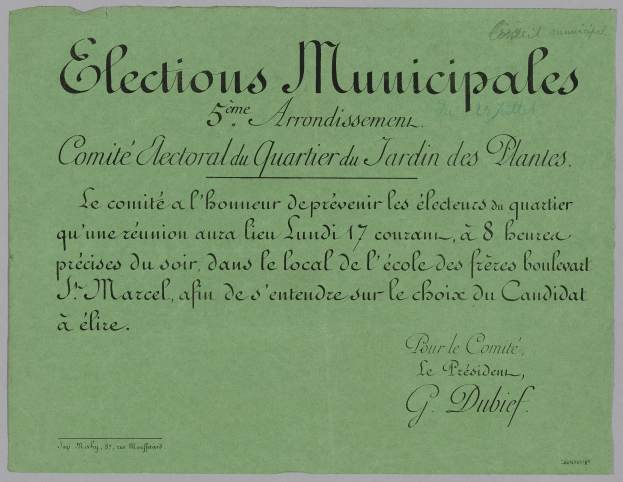 Ein gr"unes Blatt mit den Worten "Elections municipales" darauf gegen einen wei\uen Hintergrund.