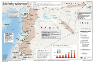 Ein Plakat mit einer Karte von Syrien, auf der Daten zu Binnenflüchtlingen aufgrund von Gewalt dargestellt sind, begleitet von Text und Grafiken.