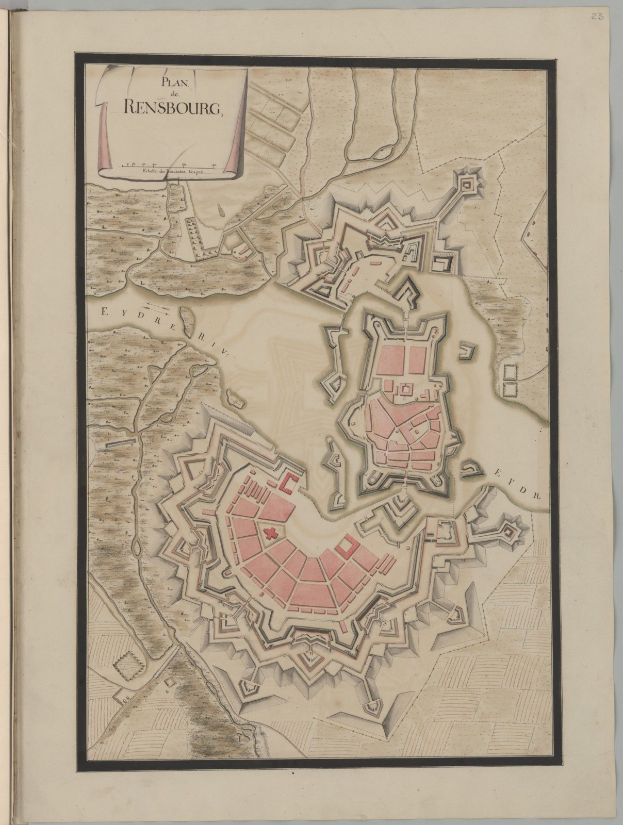 Ein altes Buch mit einer detaillierten Karte von Rensburg, Deutschland, mit Stra├čen, Geb├Ąuden und Sehensw├╝rdigkeiten, begleitet von Text ├╝ber die Bev├Âlkerung, Geschichte und Kultur der Stadt.