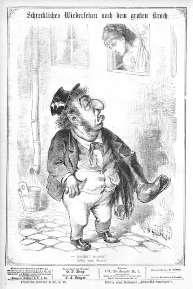 Cartoon-Illustration eines Mannes mit Zylinder und einer Frau in einem Kleid, die in der Nähe einer Wand, eines Fensters und eines Eimers stehen, mit Text unten, der lautet: "F. J. Singer, der erste deutsche Politiker, der in den Kongress gewählt wurde."