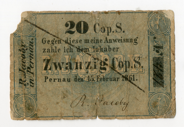 Ein altes deutsches 20-Cent-Banknote von 1861 mit Text und Zahlen auf einem weißen Hintergrund.