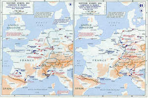 Ein historisches Poster-Kartenbild von Europa während der Schlacht von Leipzig, unterteilt in Abschnitte für Europa und Frankreich, mit nummerierten Regionen und beschrifteten geografischen Merkmalen.