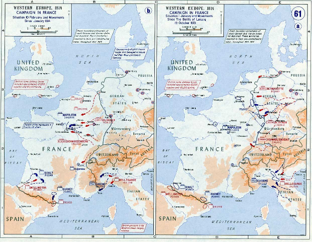 Ein historisches Poster-Kartenbild von Europa während der Schlacht von Leipzig, unterteilt in Abschnitte für Europa und Frankreich, mit nummerierten Regionen und beschrifteten geografischen Merkmalen.