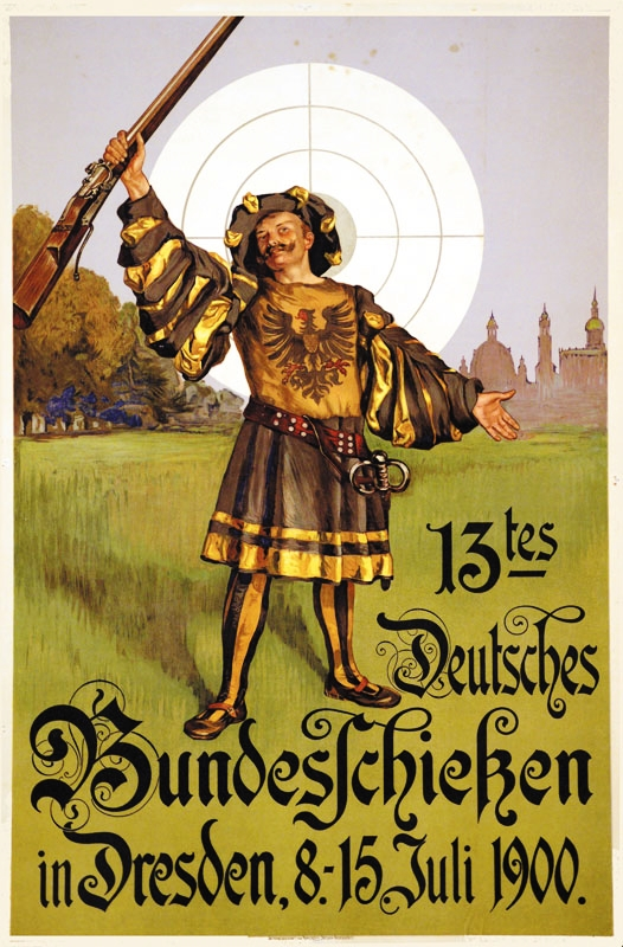 Ein Plakat, das ein Ereignis am 13. Juli in Dresden, Deutschland, ankündigt, auf dem eine Person mit einer Waffe zu sehen ist, umgeben von Bäumen und Gebäuden, und Text, der Informationen zum Ereignis enthält.