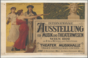 Plakat für die Internationale Ausstellung für Musik und Theaterwesen in Wien, das eine Gruppe von Menschen in einem Kreis mit einer Frau, die ein Musikinstrument hält, zeigt, begleitet von Text.