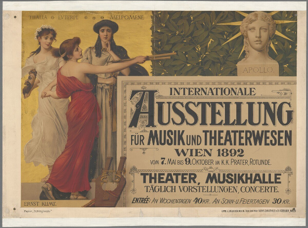 Plakat für die Internationale Ausstellung für Musik und Theaterwesen in Wien, das eine Gruppe von Menschen in einem Kreis mit einer Frau, die ein Musikinstrument hält, zeigt, begleitet von Text.