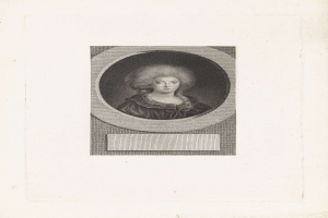 Schwarze und weiße Gravur von Louis XIV von Frankreich in einem schwarzen Kleid mit aufwendiger Verzierung, hohem Kragen und langen Ärmeln, die Hände vor der Brust verschränkt mit einem majestätischen und würdevollen Gesichtsausdruck.