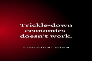 Ein Plakat mit fetter schwarzer Schrift, die den Text 'Trickle-Down Economics Doesn't Work' auf einem weißen Hintergrund zeigt, eingerahmt von einem dünnen schwarzen Rand, begleitet von einem Zitat des Präsidenten Biden.
