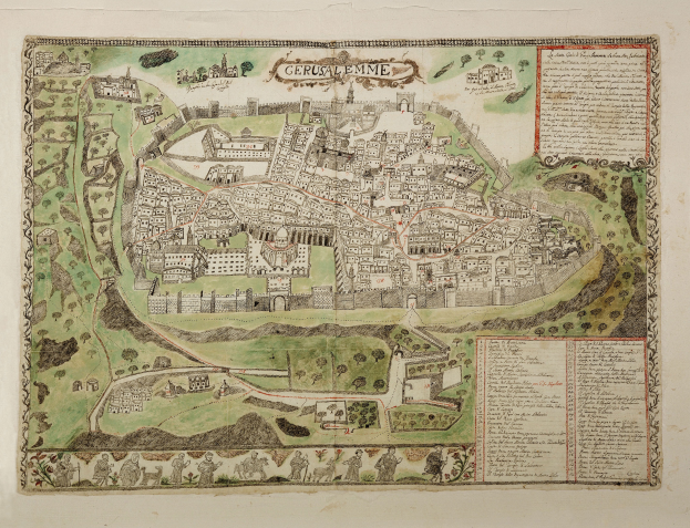 Ein detaillierter alter Stadtplan von Jerusalem, der Straßen, Parks, Sehenswürdigkeiten und Text enthält, der Informationen über die Bevölkerung und bekannte Orte bietet.