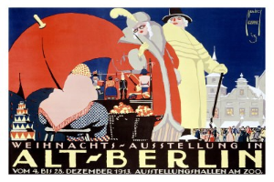 Plakat, das eine Weihnachtsausstellung in altem Berlin ankündigt, mit bunten Illustrationen von Menschen, Gebäuden und Gegenständen und dem Text "Weihnachtsausstellung in Alt-Berlin" oben.