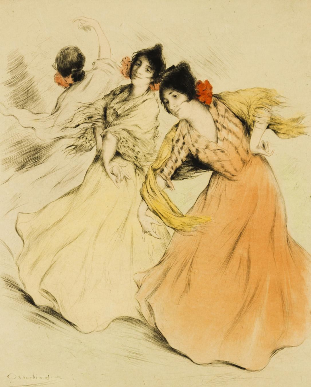 Eine Zeichnung von Pierre Auguste Renoir, die drei Frauen in Kleidern zeigt, die in harmonischen, anmutigen Posen tanzen, mit leuchtenden Farben und detaillierten Kleidungs- und Gesichtsmerkmalen.