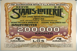 Ein Plakat an einer Gebäudewand mit einem großen Geldbetrag, Text und Zahlen, das wahrscheinlich eine Lotterie bewirbt.