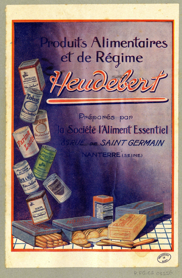 Plakat mit der Aufschrift "Heidelberg - Produkte für Ernährung und Diät Heidelberg" mit verschiedenen Lebensmitteln, Kartons und Gegenständen.