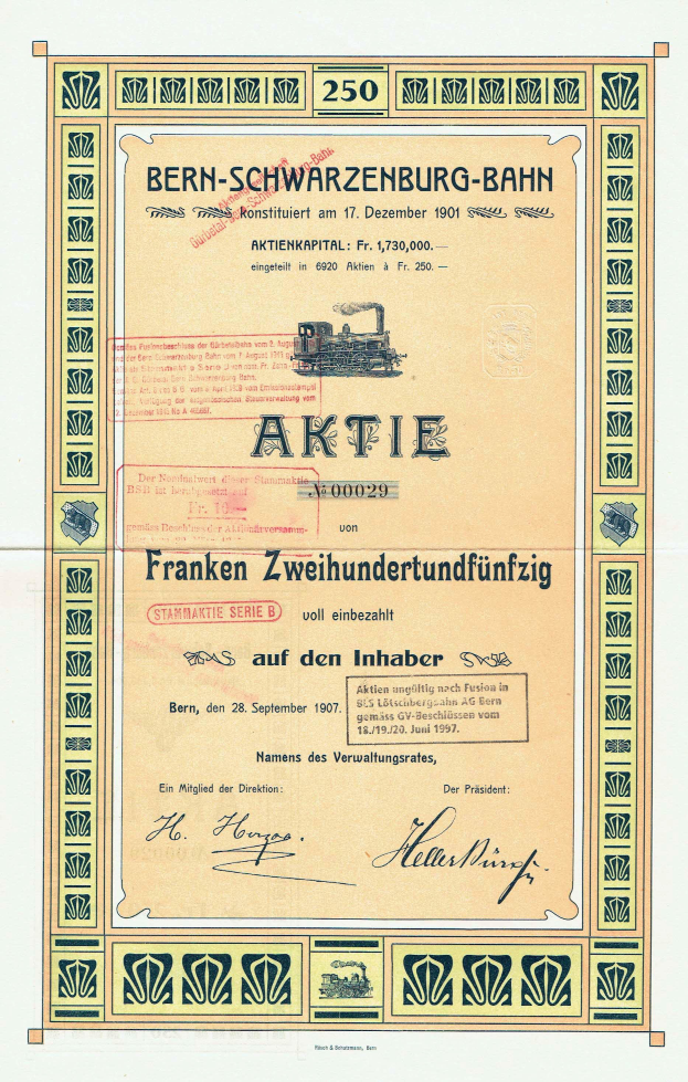 Ein altes Aktienzertifikat der Deutschen Regierung für die Bern-Schwarzenburg-Bahn, das Text und eine Illustration eines Zuges enthält.