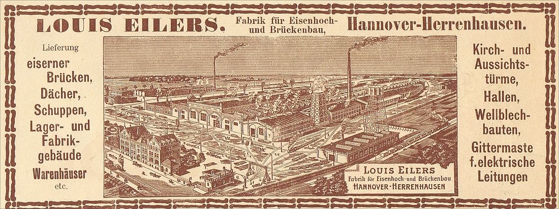 Schwarze und weiße Anzeige für die Louis Eilers Hannover-Herrenhausen-Fabrik, die das Fabrikgebäude mit Textüberlagerung zeigt.