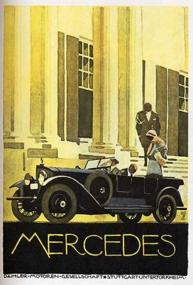 Vintage-Plakat aus den 1920er-Jahren von Mercedes-Benz mit einem klassischen Auto vor einem modernen Glasgebäude mit zwei Personen im Auto und fetter schwarzer Schrift, die 'Mercedes-Benz' am unteren Rand zeigt.