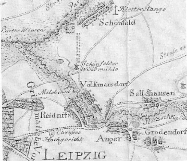 Ausführliche alte Karte von Leipzig, Deutschland, die Straßen, Gebäude und Sehenswürdigkeiten zeigt, mit begleitendem Text über die Bevölkerung, Straßen und bemerkenswerte Merkmale der Stadt.