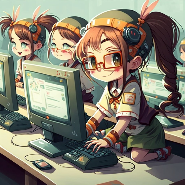 Anime-stil Illustration von mehreren Mädels an einem Computerarbeitsplatz mit Kopfhörern und Brille, mit Monitoren, Tastaturen und anderen Büromaterialien auf dem Schreibtisch vor einer neutralen Wand.