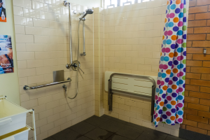 Ein barrierefreies Badezimmer mit Dusche, Handläufen, Vorhang, einer Wand mit Plakaten, einem Ständer mit Tablett und einem Fenster.