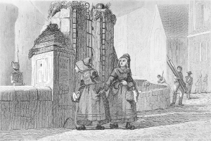 Schwarze Und Weiße Gravur Von Zweien Frauen, Die Vor Einem Gebäude Stehen, Mit Einigen Anderen Leuten Im Hintergrund, Betitelt "Victorian Women In The City Of London."