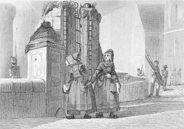 Schwarze Und Weiße Gravur Von Zweien Frauen, Die Vor Einem Gebäude Stehen, Mit Einigen Anderen Leuten Im Hintergrund, Betitelt "Victorian Women In The City Of London."