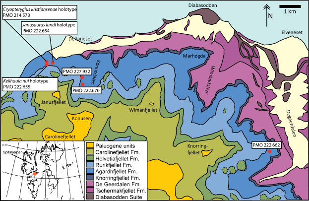 Eine Karte des Arktischen Ozeans in Blauschattierungen, Grün- und Gelbtönen mit Textinformationen zu einem Studiengebiet.