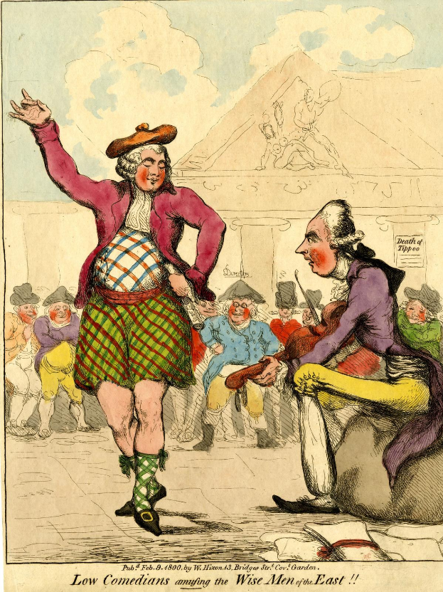 Zeichnung eines Mannes in einem Kilt und einer Frau in einem Kleid, die vor einem Publikum auf einer Bühne stehen, mit dem Text 'Niedrige Komiker amüsieren die weisen Männer des Ostens' unten.
