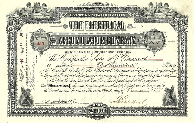 Aktienzertifikat einer Elektroakkumulatorfirma mit detaillierten Designs, das den Text "The Electrical Accumulator Company" enthält.