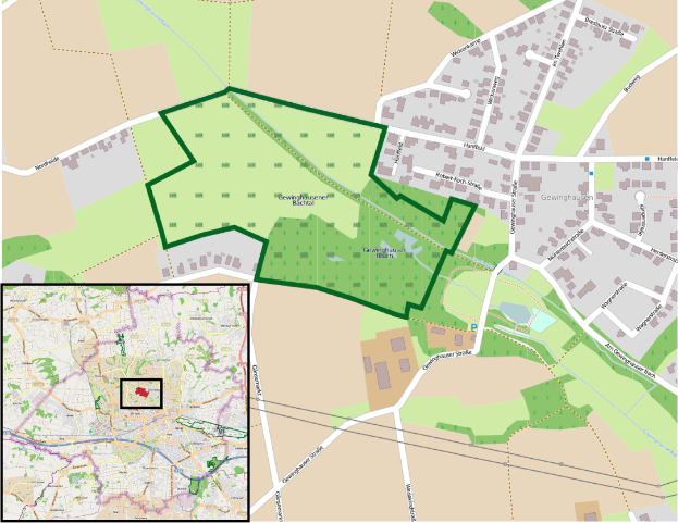 Ein detaillierter Stadtplan von Gewinghausen, Deutschland, der einen grünen Bereich hervorhebt, der den Standort eines geplanten Projekts anzeigt, mit sichtbaren Straßen, Gebäuden und Sehenswürdigkeiten.