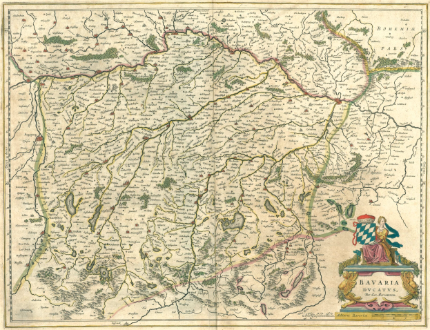 Ein detaillierter alter Stadtplan von Bayern, Deutschland, der geographische Elemente wie Flüsse, Berge und Städte zeigt, mit Text und einer Illustration einer Person auf der rechten Seite.
