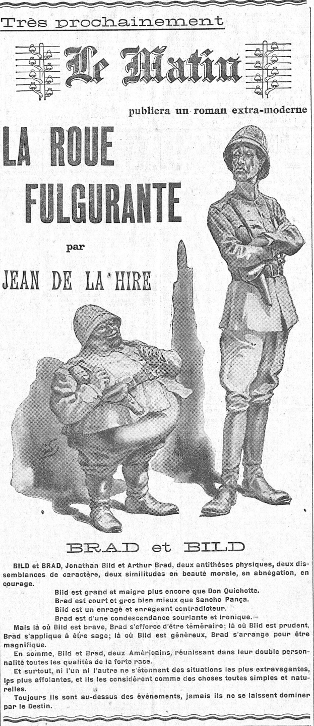 Alte Zeitungsanzeige mit zwei Männern in militärischer Kleidung, die Gewehre halten, wobei einer einen Helm und einen langen Mantel trägt und der andere ein Gewehr hält.