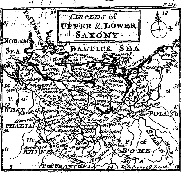 Ein detaillierter Schwarz-Weiß-Plan von Ober- und Niedersachsen, der geografische Merkmale wie Flüsse, Berge und Städte zeigt, mit informativem Text darübergelegt.