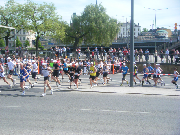 Eine Gruppe von Läufern bei einem Marathon auf einer Straße, die von einem Metallzaun umgeben ist, ein Tor, eine Schleife an einem Pfahl, Zuschauer auf dem Gehweg, eine Metallabsperrung, Pfähle, Straßenlaternen, Schilder, eine Brücke, Gebäude mit Fenstern, Bäume und eine bewölkte Himmel.