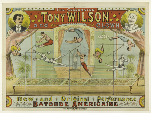 Plakat mit Tony Wilson und dem Clown, der Akrobaten auf Stangen in der foreground und Bäumen im Hintergrund zeigt, begleitet von Text über den Zirkus.