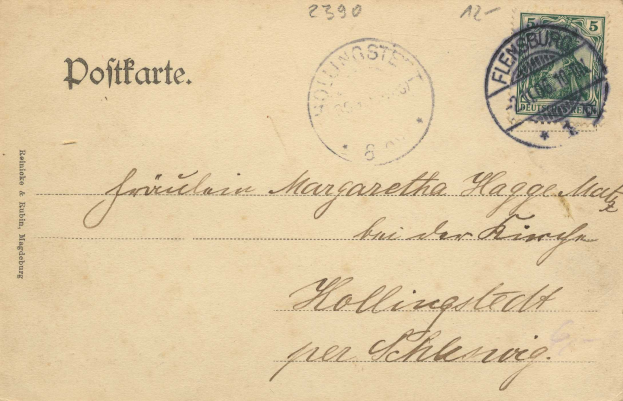 Alte Postkarte mit deutschem Stempel, Text "Hollingstadt" und Nummer "2390"