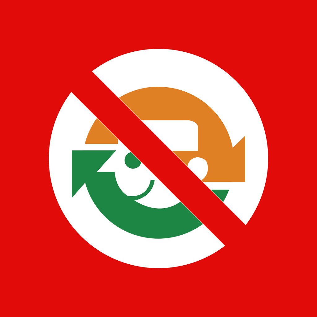 Ein rotes und weißes Schild mit einem nach rechts zeigenden Pfeil und fetter schwarzer Schrift, die "Keine Wiederverwertung" lautet, vor einem weißen Hintergrund.