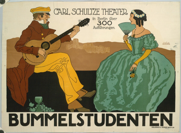 Plakatankündigung für ein Konzert im Carl-Schulze-Theater in Berlin, Deutschland, mit einem Mann, der eine Gitarre spielt, und einer Frau, die ein Fächer hält, sowie Text auf dem Plakat.