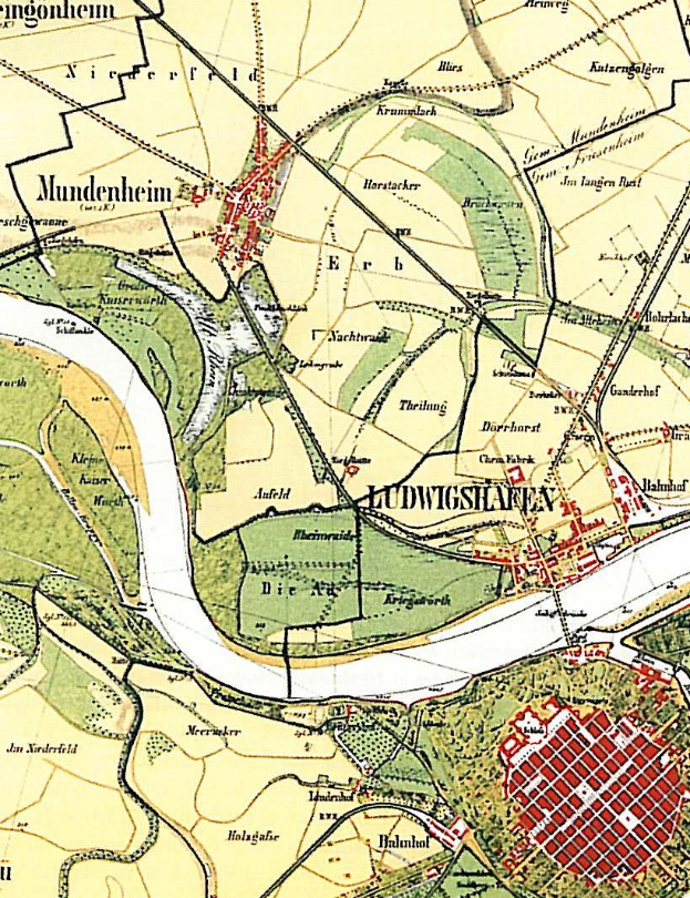 Ein detailliertes altes Stadtplan von Ludwigschaften, Deutschland, mit Straßen, Gebäuden und Sehenswürdigkeiten mit Textangaben zum Standort der Stadt.