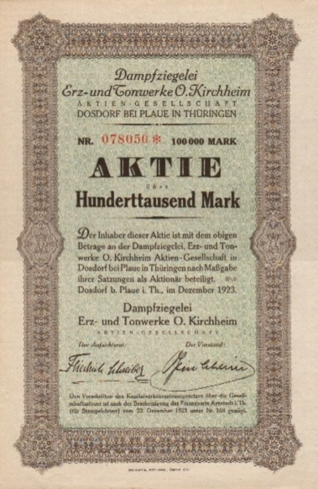 Altes deutsches Aktienzertifikat mit einem Mannsporträt und gedrucktem Text, das wahrscheinlich seinen Ursprung beschreibt.