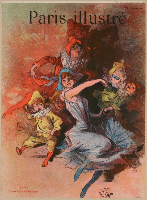 Ein Vintage-Paris-Illustre-Magazin-Cover mit einem Bild von einer Gruppe tanzender Menschen, mit Text, der den Inhalt des Magazins beschreibt.