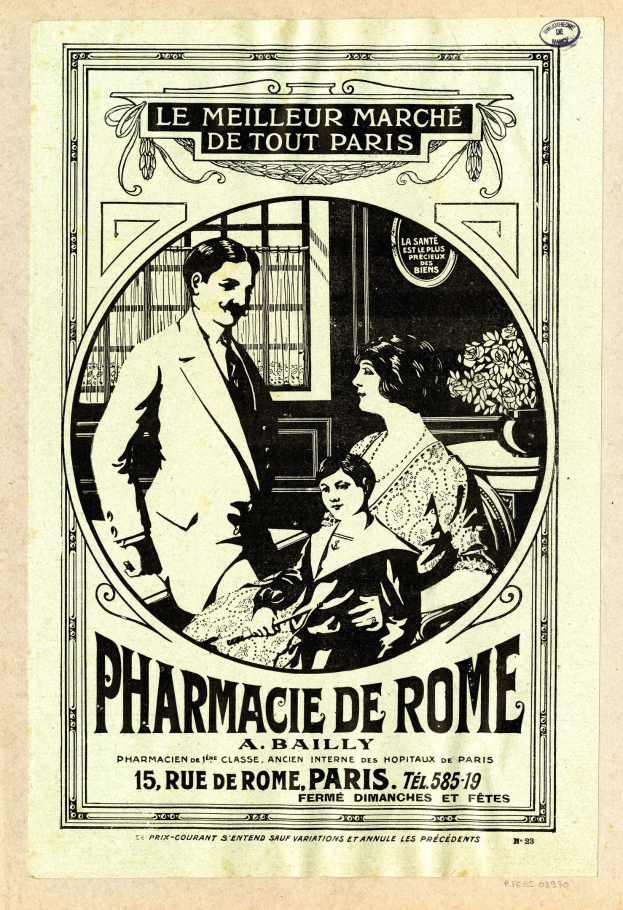 Schwarz-weißer Werbeplakat für eine Apotheke in Rom, das einen Mann und eine Frau zeigt, die nebeneinander stehen, mit Text, der die Dienstleistungen beschreibt.